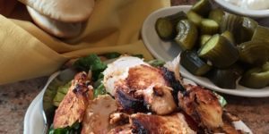 Chicken Shawarma Fattoush Salad and pickles with Sharon at sharonswalkabout.com