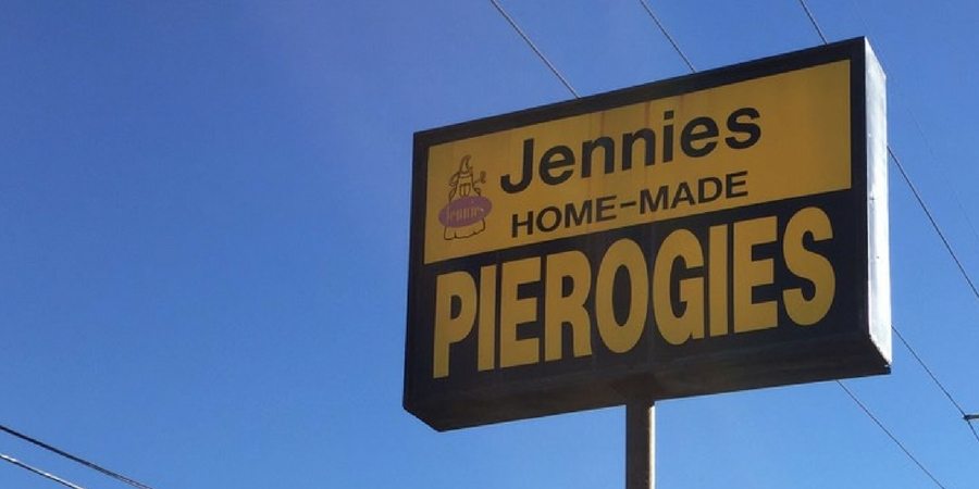 Jennie's Homemade Pierogies Sign with Sharon at sharonswalkabout.com