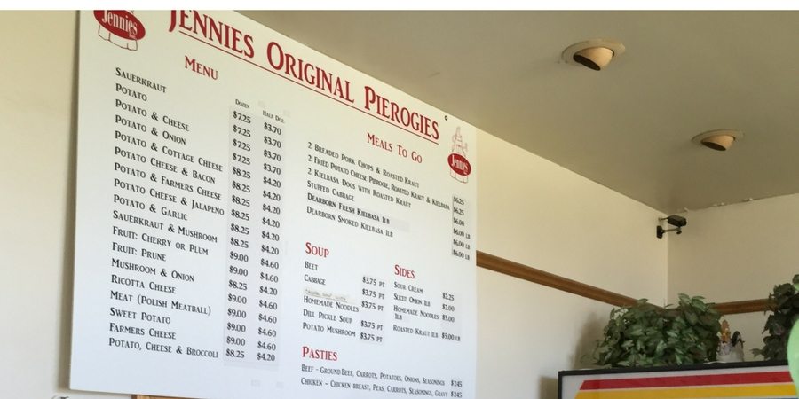 Jennie's Homemade Pierogies Menu with Sharon at sharonswalkabout.com